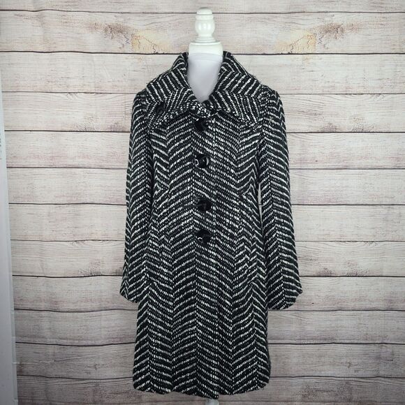 1 Madison Wool Blend Black White Knit Chevron Walker Heavyweight Pea Coat Large - Picture 1 of 8